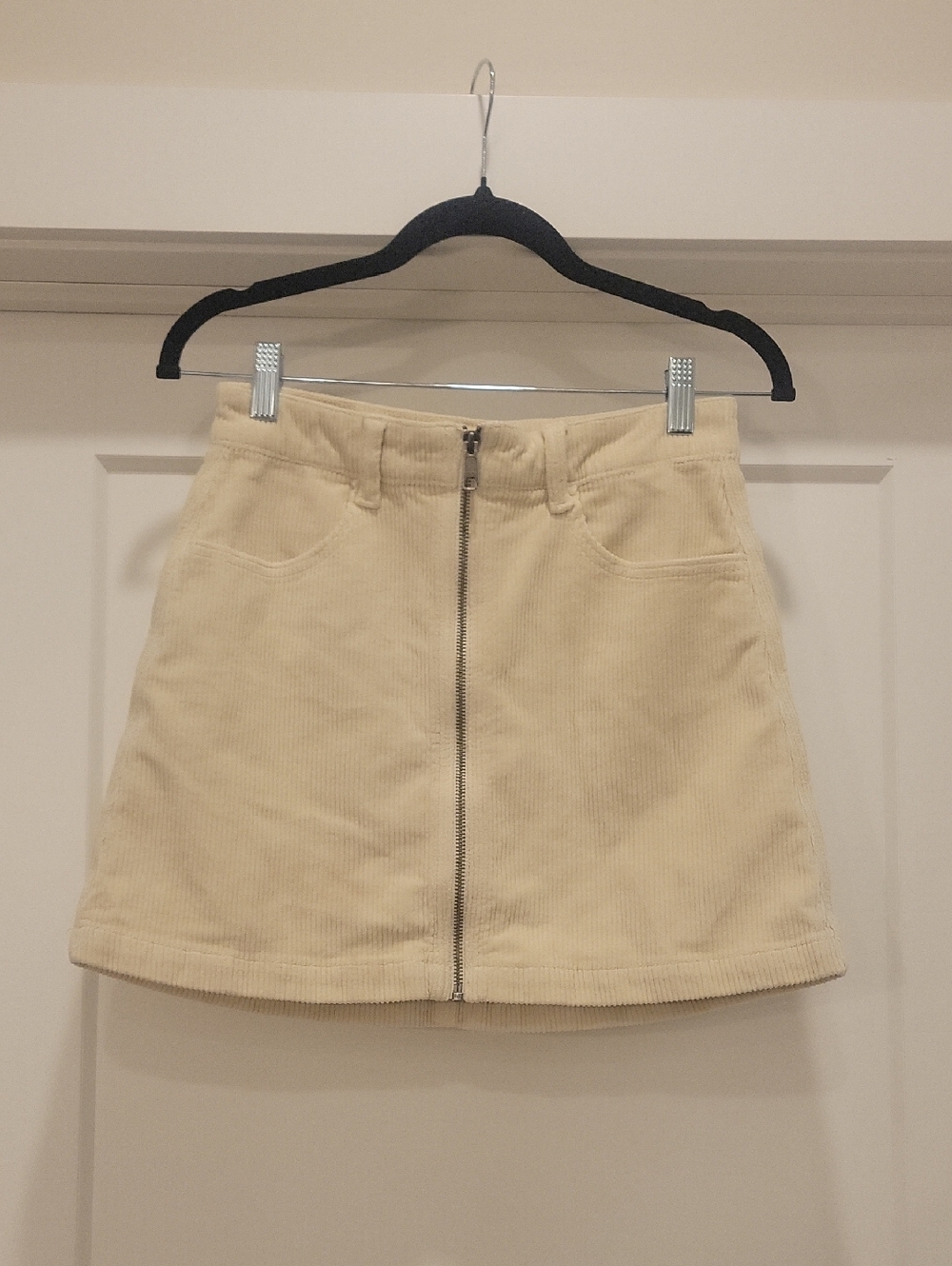 American Eagle Outfitters Cream Corduroy Front-Zip Mini Skirt